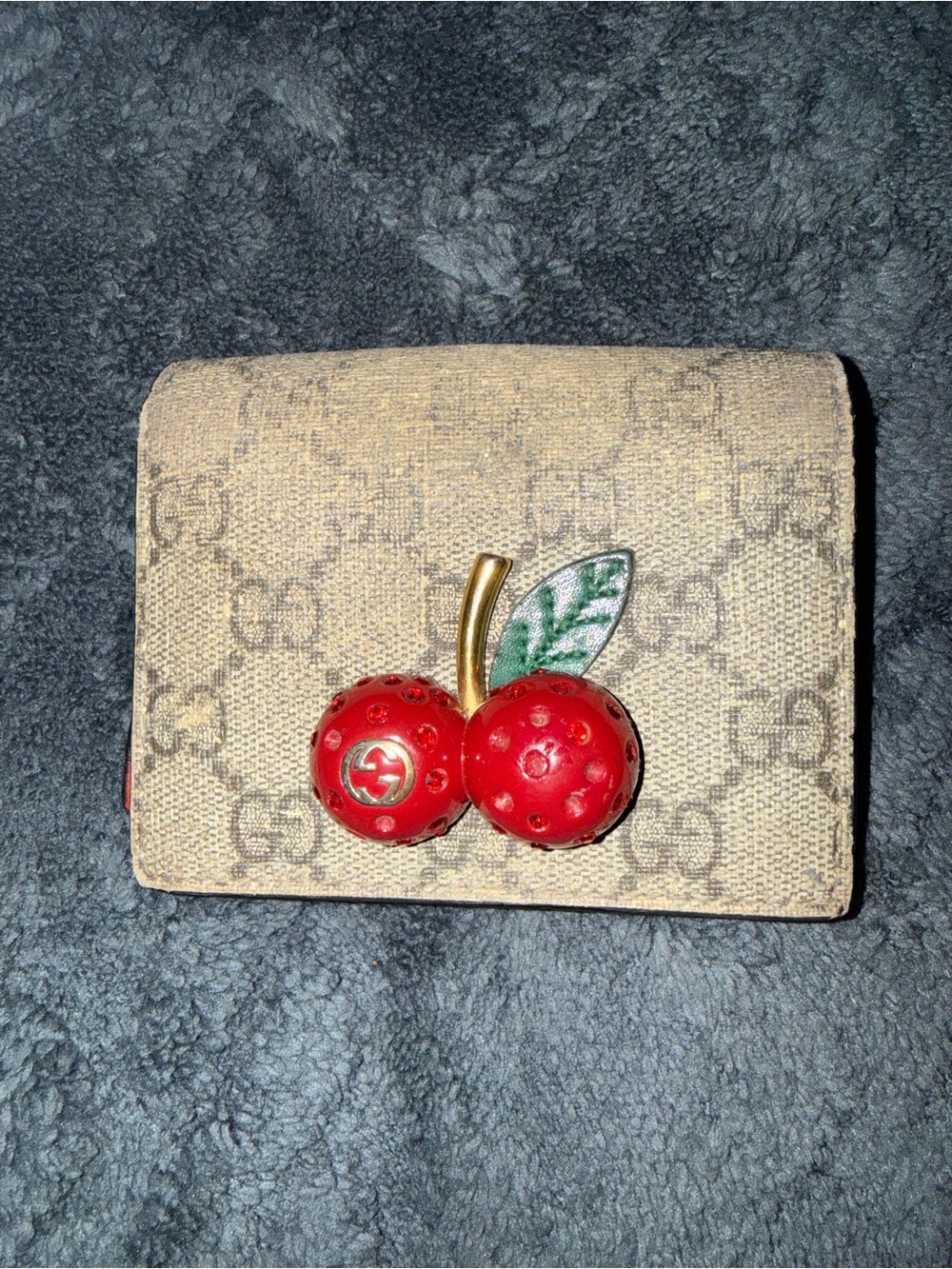 Gucci Beige Monogram Wallet with Red Cherry Accent